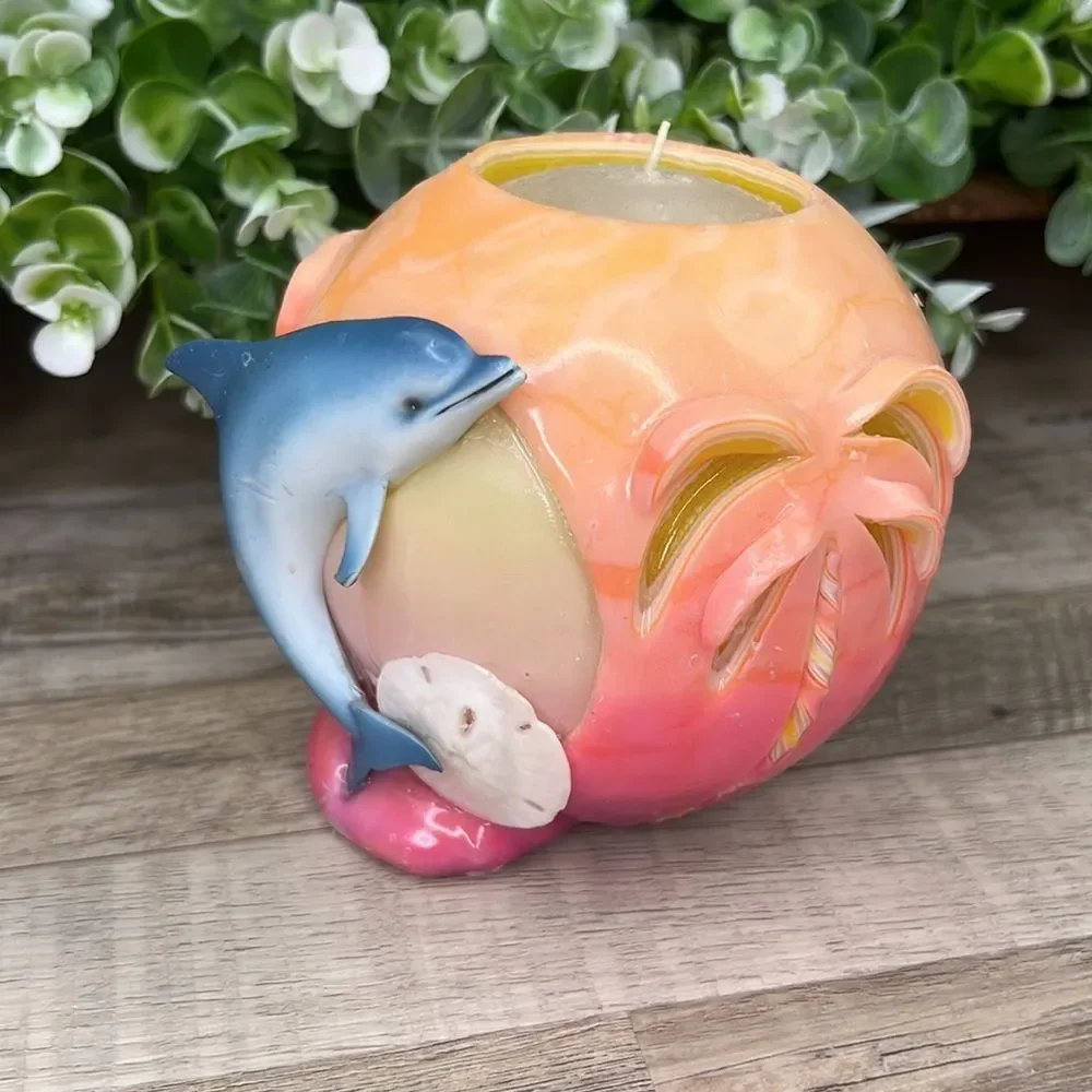 Dolphin Palm Tree Key West Florida Round Colorful Candle Nautical Coastal Decor